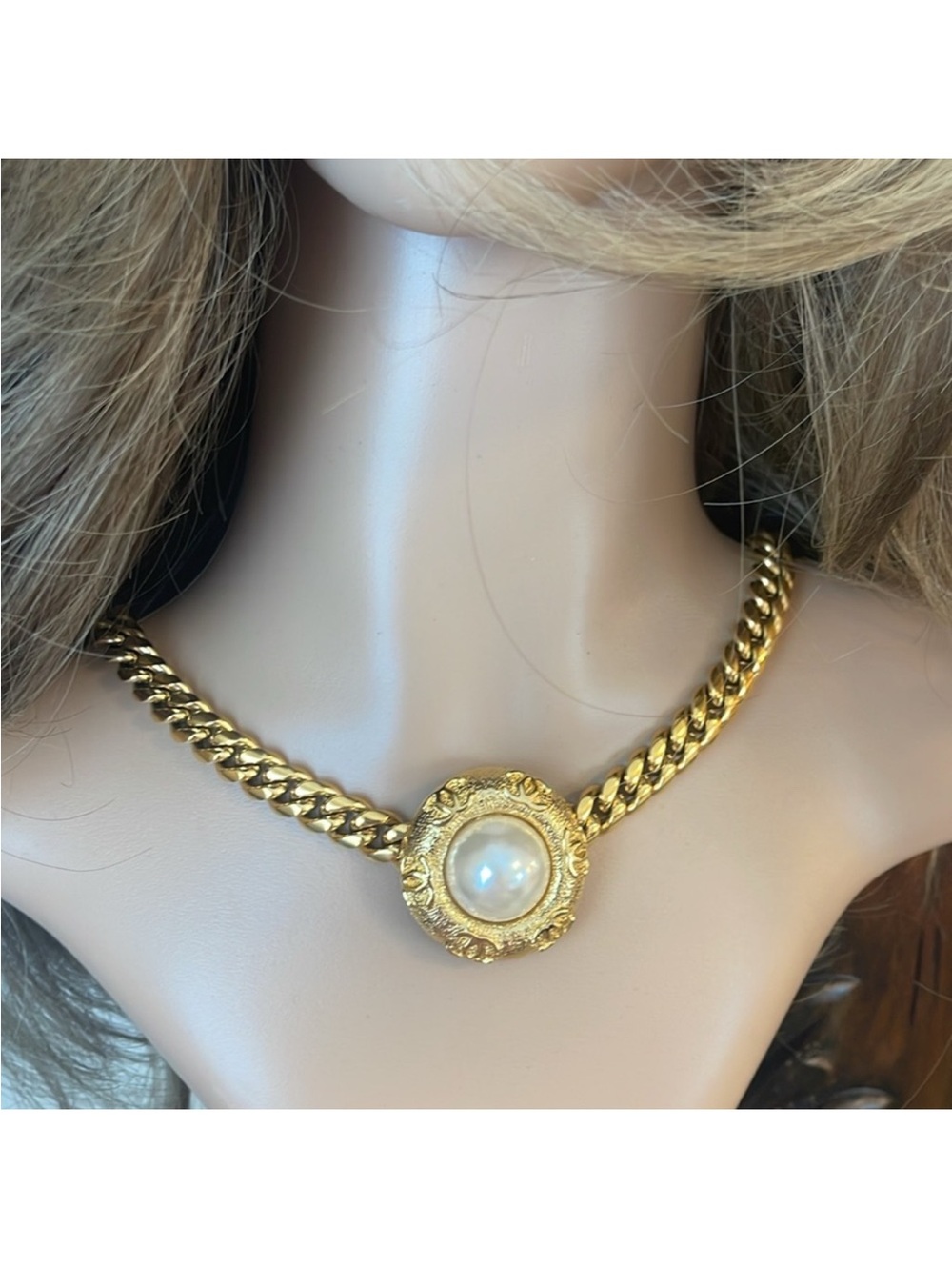 Gold-Plated Statement Necklace with Chanel Baroque Pearl Pendant